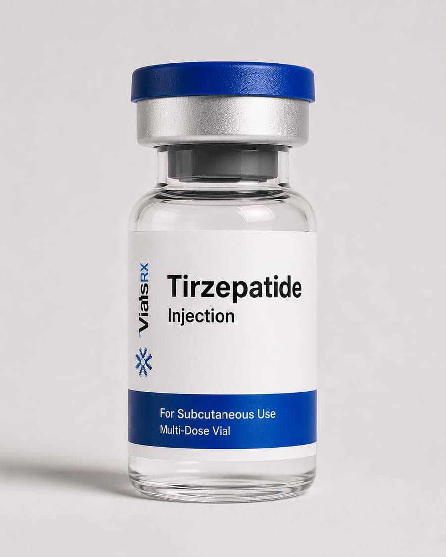 Multi-dose vial of compounded tirzepatide injection prepared by partner pharmacy VialsRX
